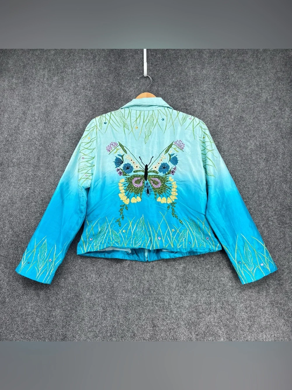 Anage 100% Silk Artsy Turquoise Ombré Beaded Embroidered Butterfly Jacket Size M